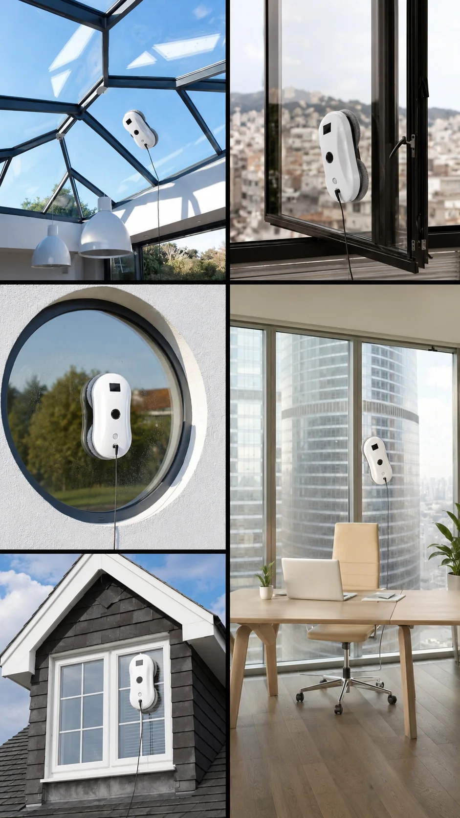 RoboClean im Einsatz an Dachfenstern, Rundfenstern, Hochhausfassaden und Gaubenfenstern